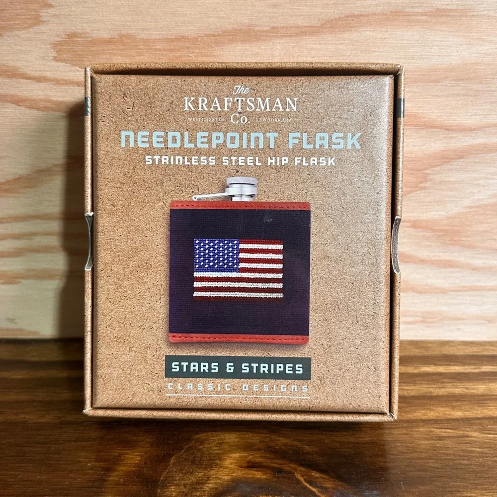 Needlepoint Flask Stars and Stripes American Flag Stainless Steel Kraftsman Co